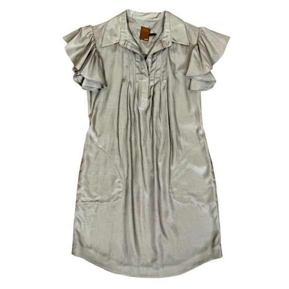 Ali Ro Womens Pleated Shirt Dress size 2 Khaki Taupe Ruffle Sleeve Knee Length - Picture 4 of 12